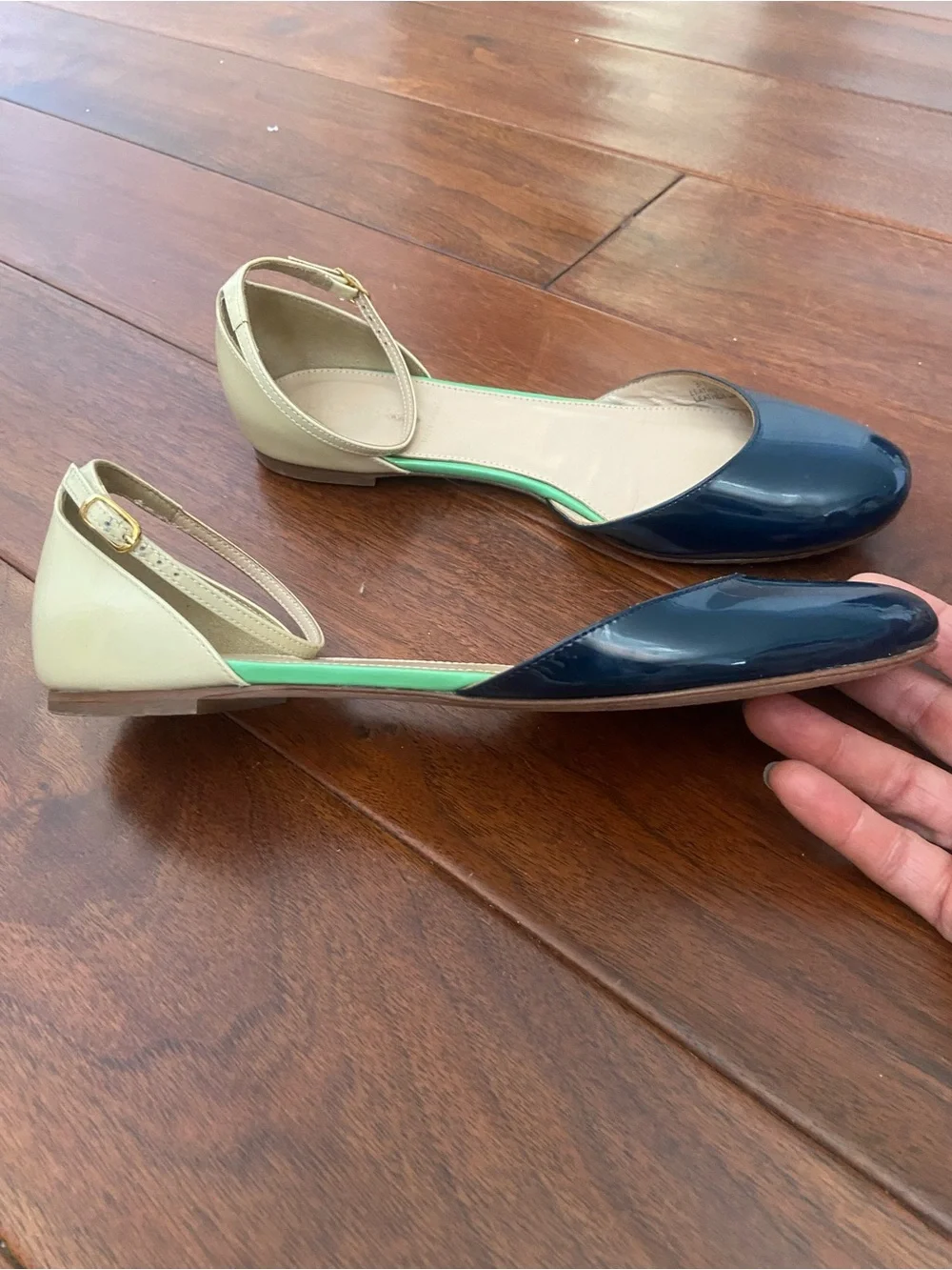 J. Crew Navy Patent D'Orsay Flats with Cream Ankle Strap